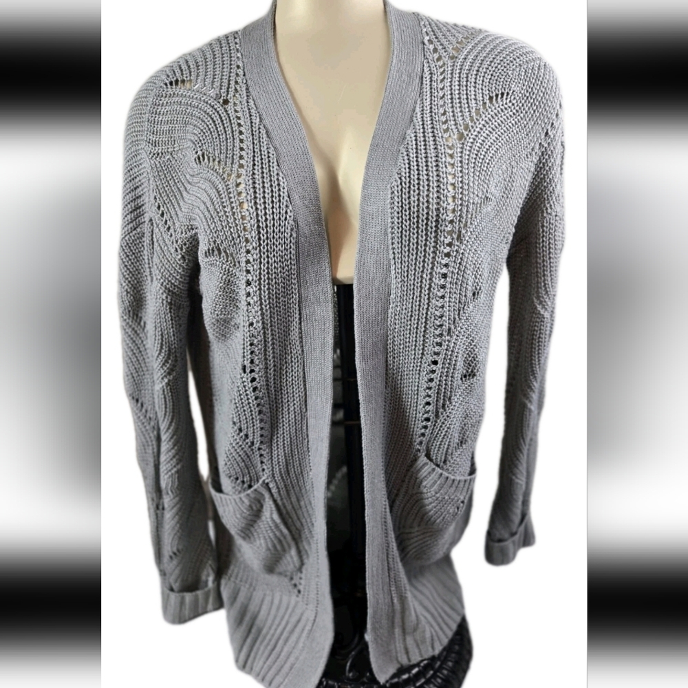 NWT Pink RoseWomens Light Gray Carsigan Sweater Open Front Knit With Pockets S